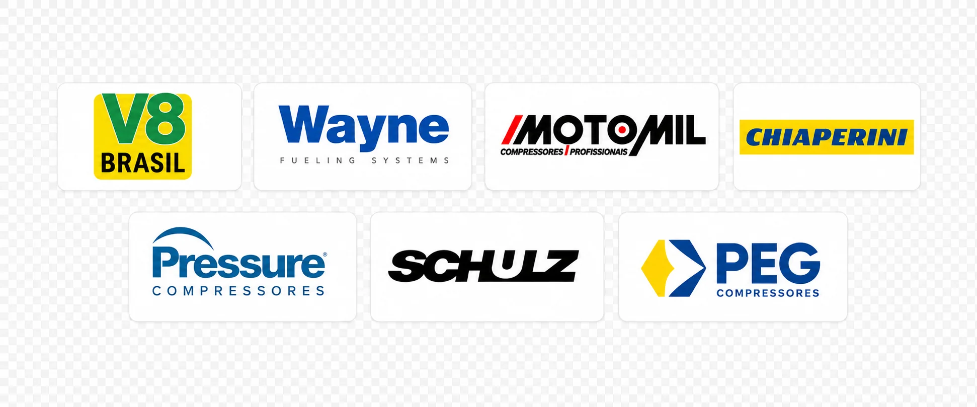 Logomarcas de marcas atendidas pela TECOM: V8 Brasil, Wayne, Motomil, Chiaperini, Pressure, Schulz e PEG